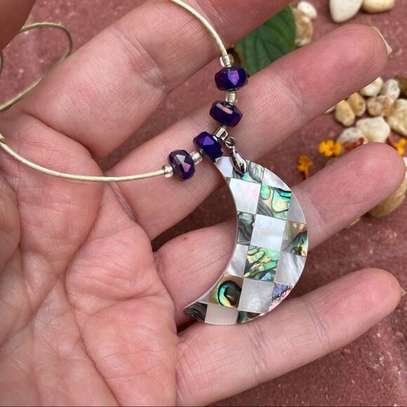 Abalone Moon Pendant Handmade leather Necklace - Picture 4 of 9